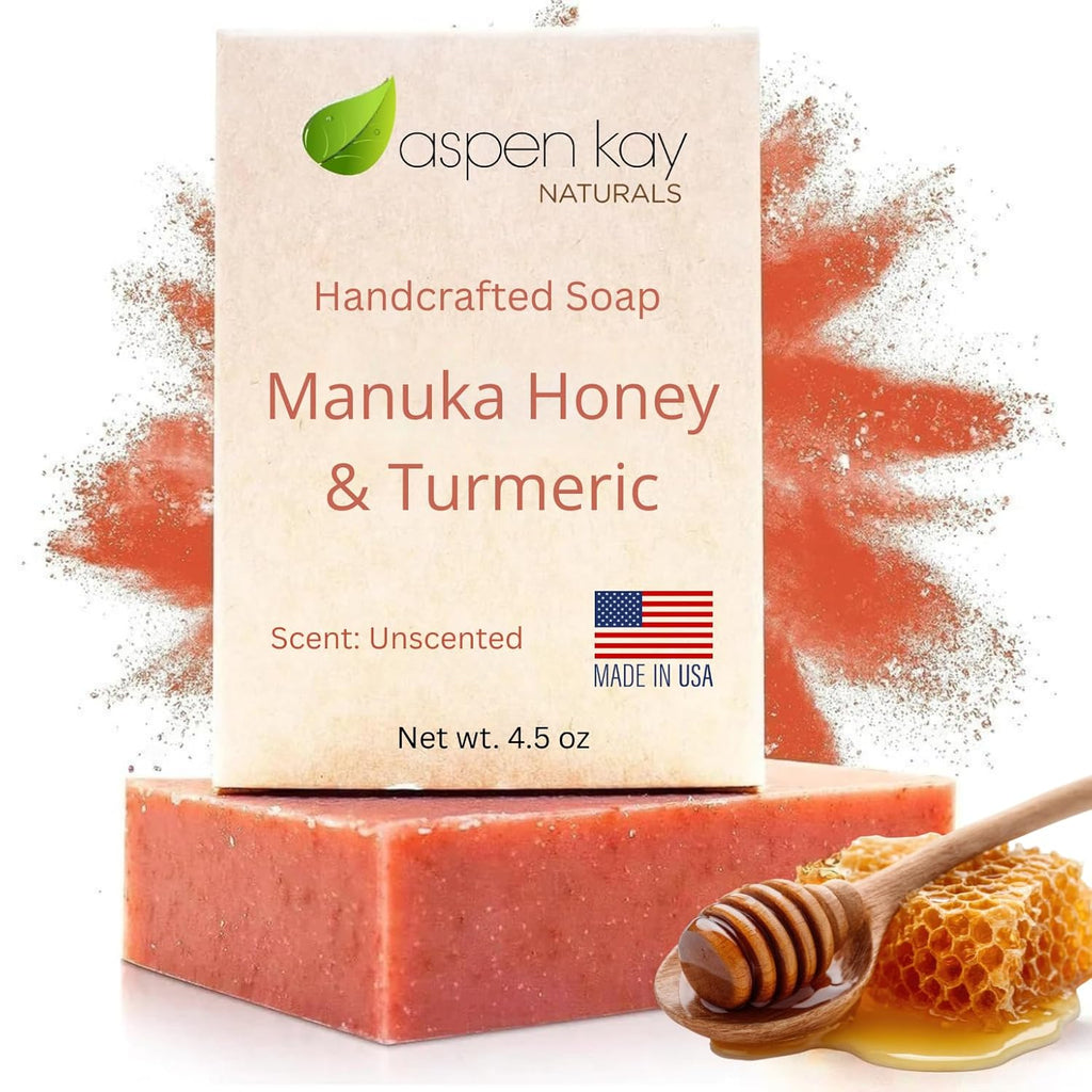 Manuka Honey & Turmeric Soap with Organic Aloe Vera & Shea Butter. 4.5 Oz | Unscented Handmade & Cold Process Soap. Turmeric Face & Body Wash Bar - Gentle for All Skin Types. Made in the USA
