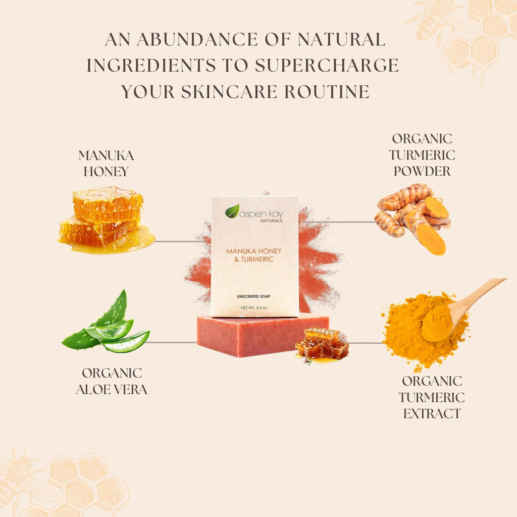 Manuka Honey & Turmeric Soap with Organic Aloe Vera & Shea Butter. 4.5 Oz | Unscented Handmade & Cold Process Soap. Turmeric Face & Body Wash Bar - Gentle for All Skin Types. Made in the USA