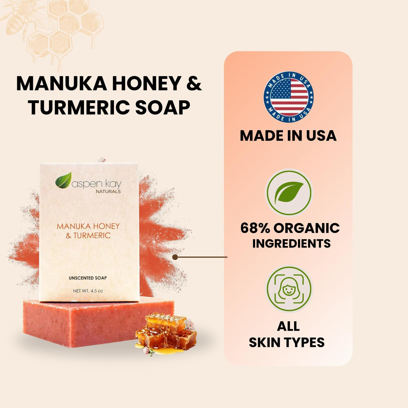 Manuka Honey & Turmeric Soap with Organic Aloe Vera & Shea Butter. 4.5 Oz | Unscented Handmade & Cold Process Soap. Turmeric Face & Body Wash Bar - Gentle for All Skin Types. Made in the USA