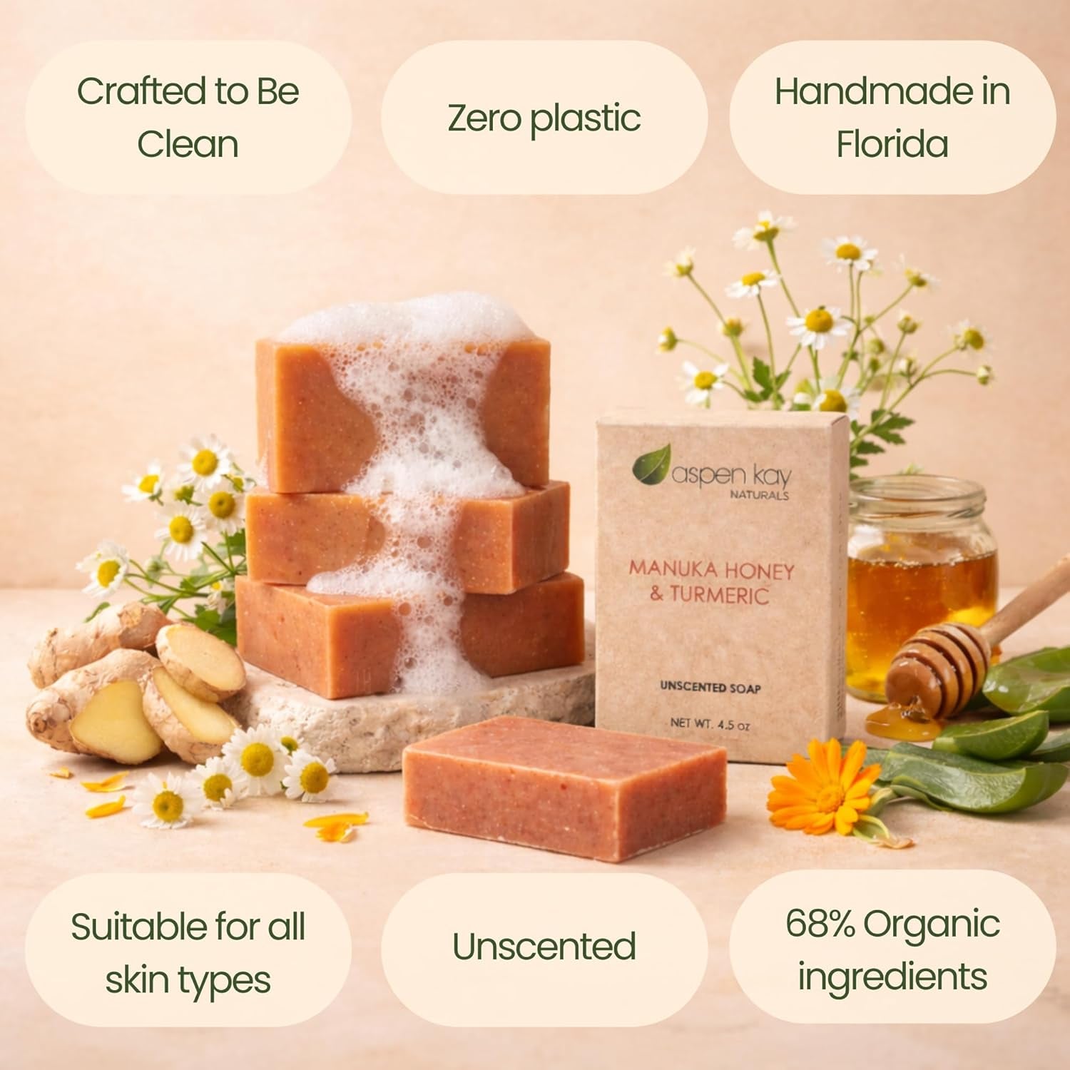 Manuka Honey & Turmeric Soap with Organic Aloe Vera & Shea Butter. 4.5 Oz | Unscented Handmade & Cold Process Soap. Turmeric Face & Body Wash Bar - Gentle for All Skin Types. Made in the USA